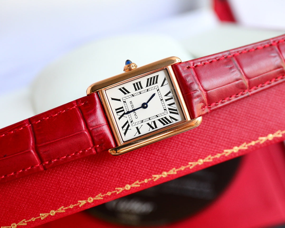 CARTIER TANK MUST SMALL PINK GOLD LEATHER STRAP WHITE DIAL