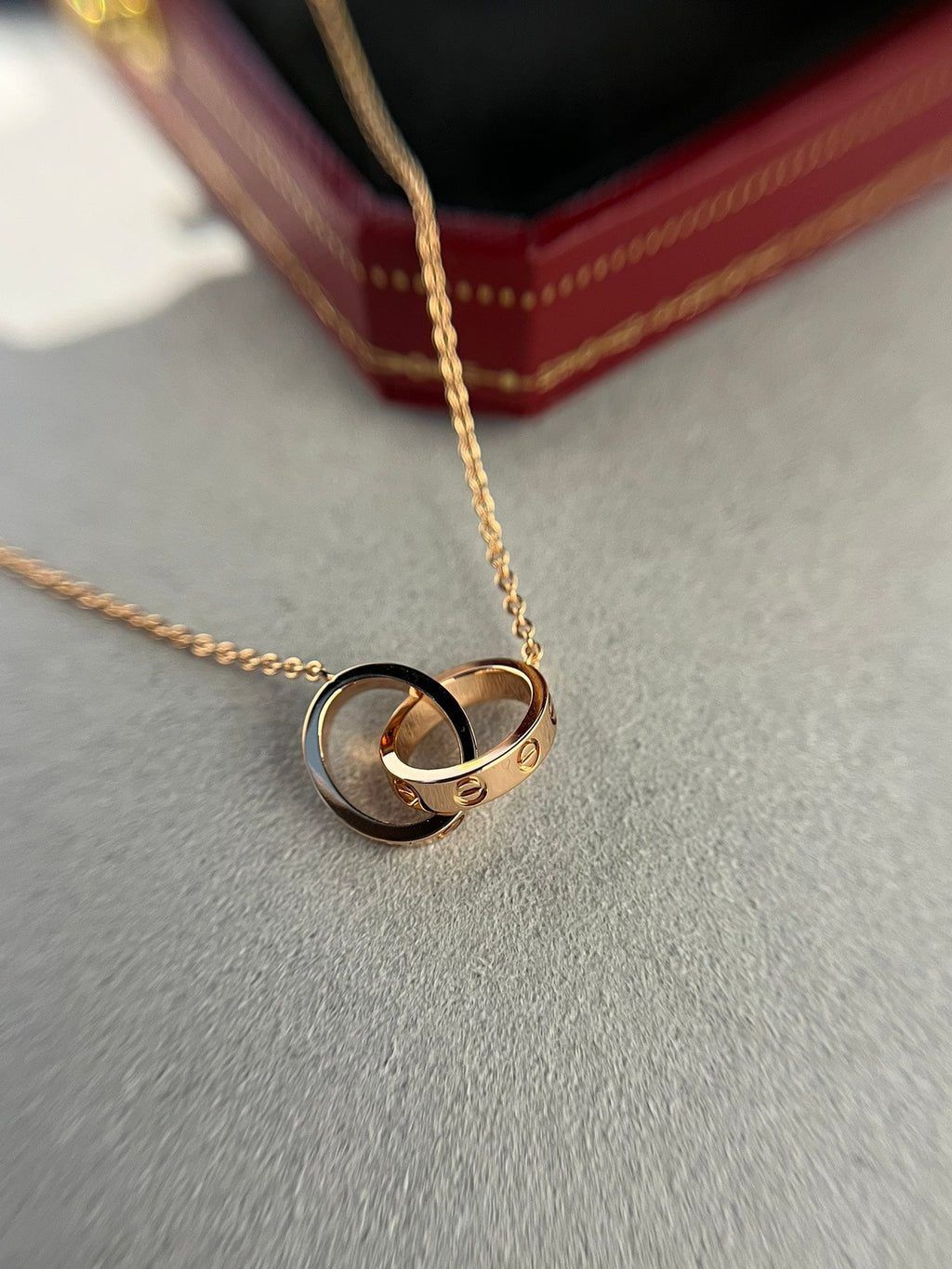CARTIER LOVE NECKLACE DOUBLE RING PINK GOLD
