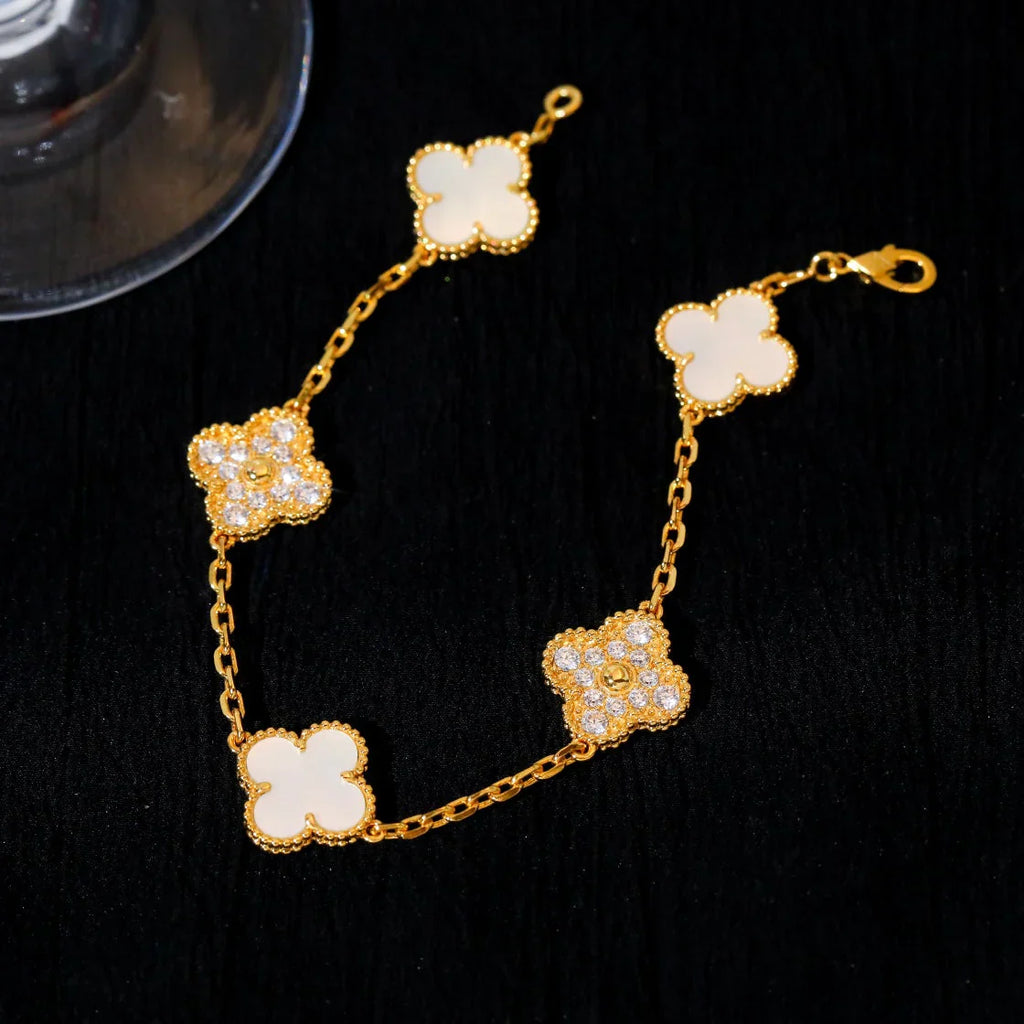 VCA CLOVER WHITE PEARL MOP 5 MOTIF BRACELET COLLECTION