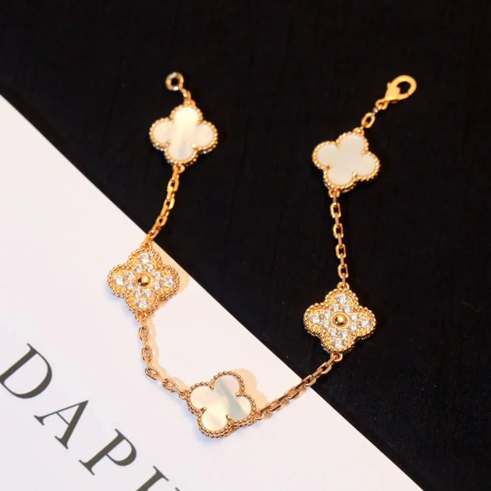 VCA CLOVER WHITE PEARL MOP 5 MOTIF BRACELET COLLECTION