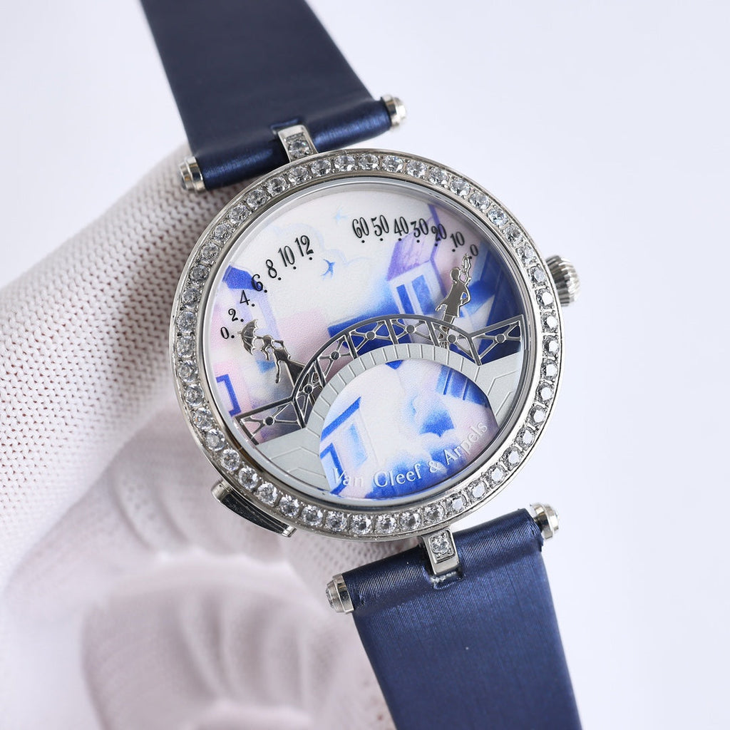 VAN CLEEF & ARPELS LADY ARPELS LOVER BRIDGE WHITE DIAL BLUE STRAP