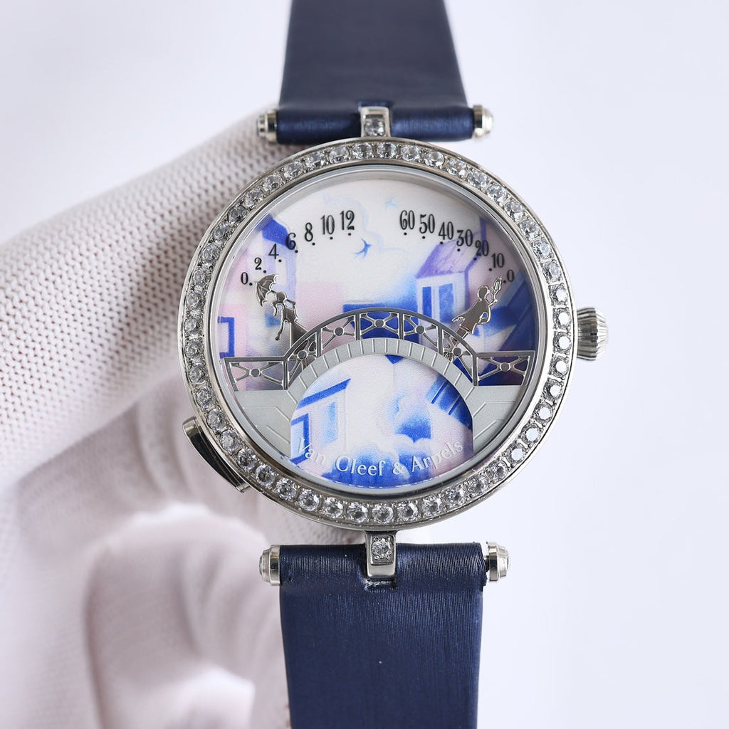 VAN CLEEF & ARPELS LADY ARPELS LOVER BRIDGE WHITE DIAL BLUE STRAP