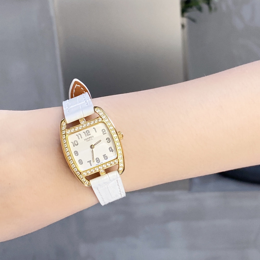 HERMES CAPE COD 26 GOLD MOP DIAL DIAMOND BEZEL WHITE LEATHER