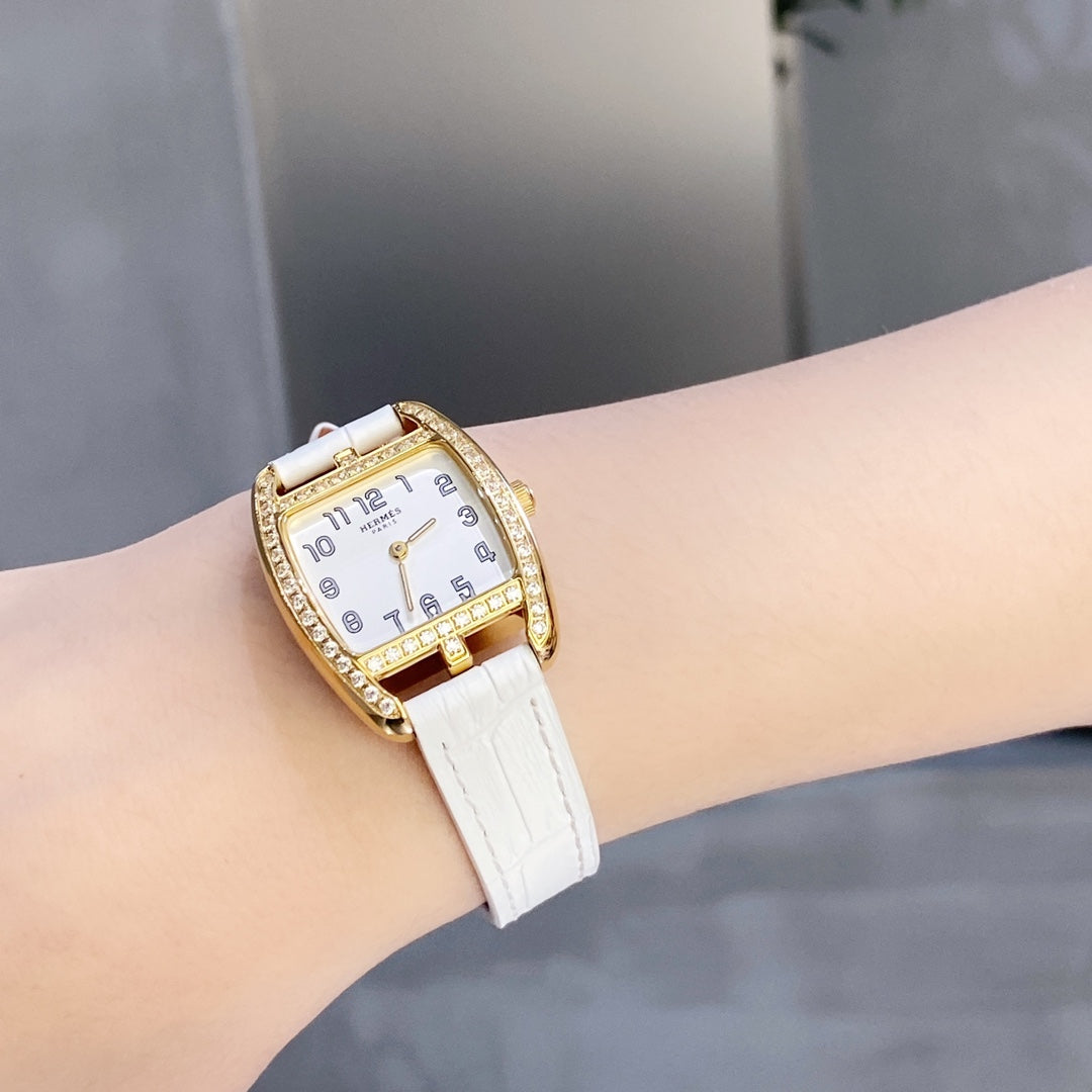 HERMES CAPE COD 26 GOLD MOP DIAL DIAMOND BEZEL WHITE LEATHER