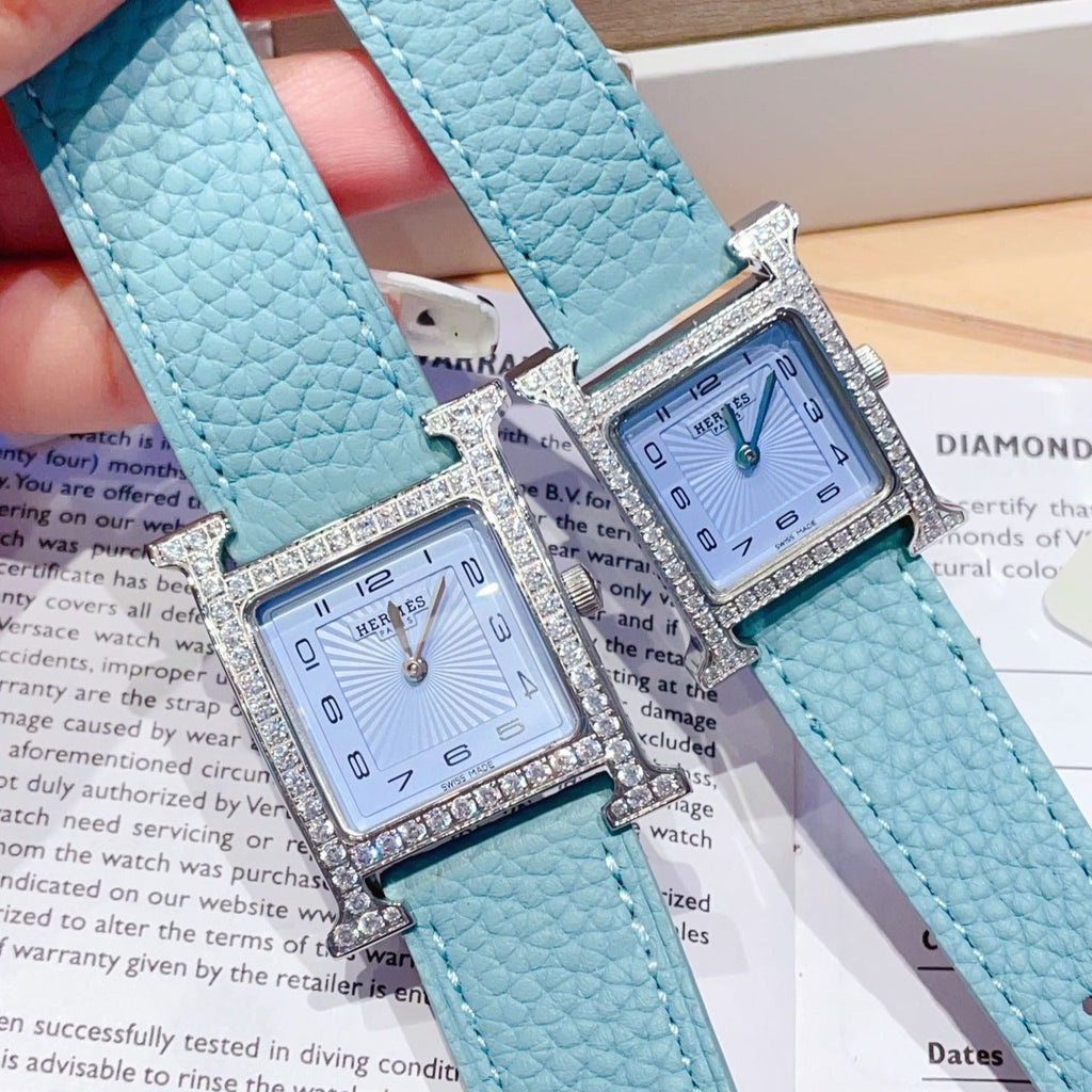 HERMES HEURE H 26 SILVER BLUE DIAL DIAMOND BEZEL EPSOM LEATHER