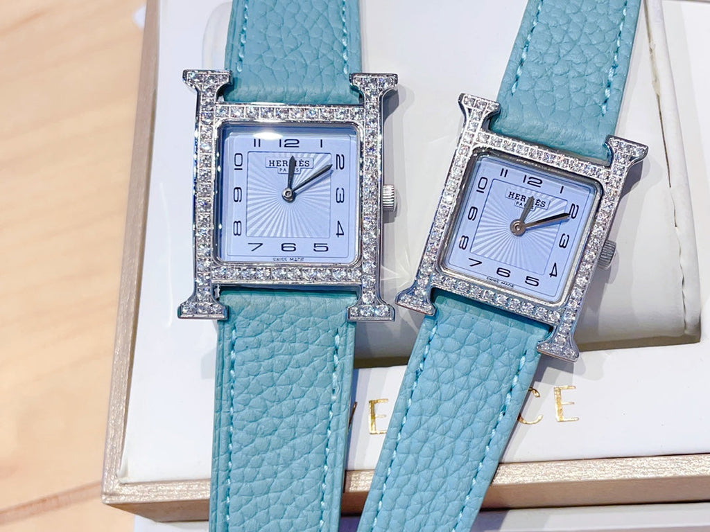 HERMES HEURE H 26 SILVER BLUE DIAL DIAMOND BEZEL EPSOM LEATHER