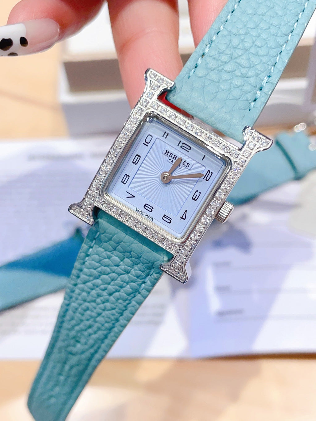 HERMES HEURE H 26 SILVER BLUE DIAL DIAMOND BEZEL EPSOM LEATHER