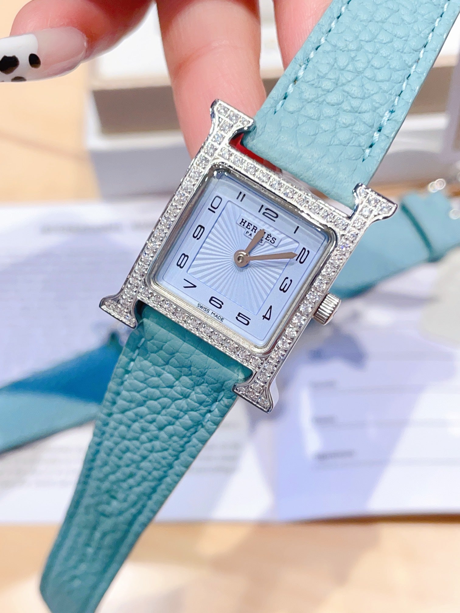 HERMES HEURE H 26 SILVER BLUE DIAL DIAMOND BEZEL EPSOM LEATHER