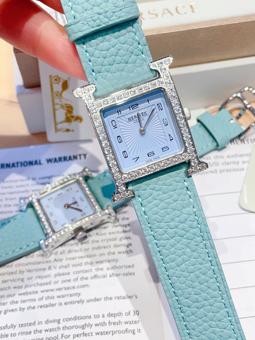HERMES HEURE H 26 SILVER BLUE DIAL DIAMOND BEZEL EPSOM LEATHER