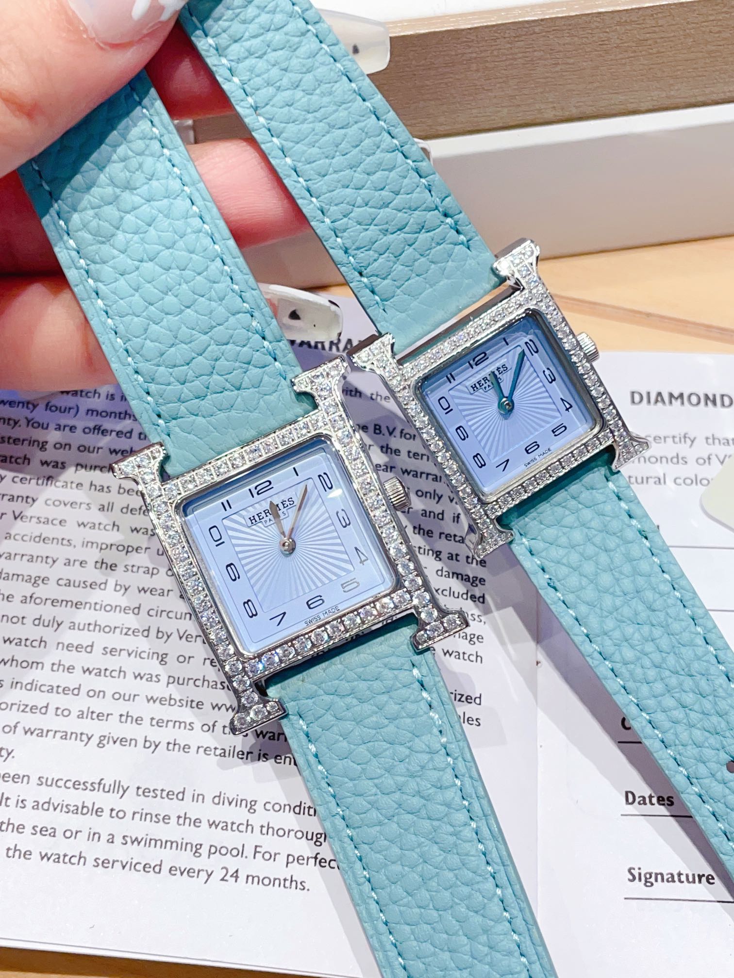 HERMES HEURE H 26 SILVER BLUE DIAL DIAMOND BEZEL EPSOM LEATHER