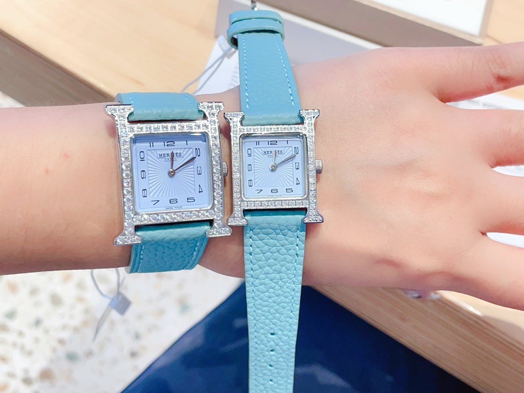 HERMES HEURE H 26 SILVER BLUE DIAL DIAMOND BEZEL EPSOM LEATHER