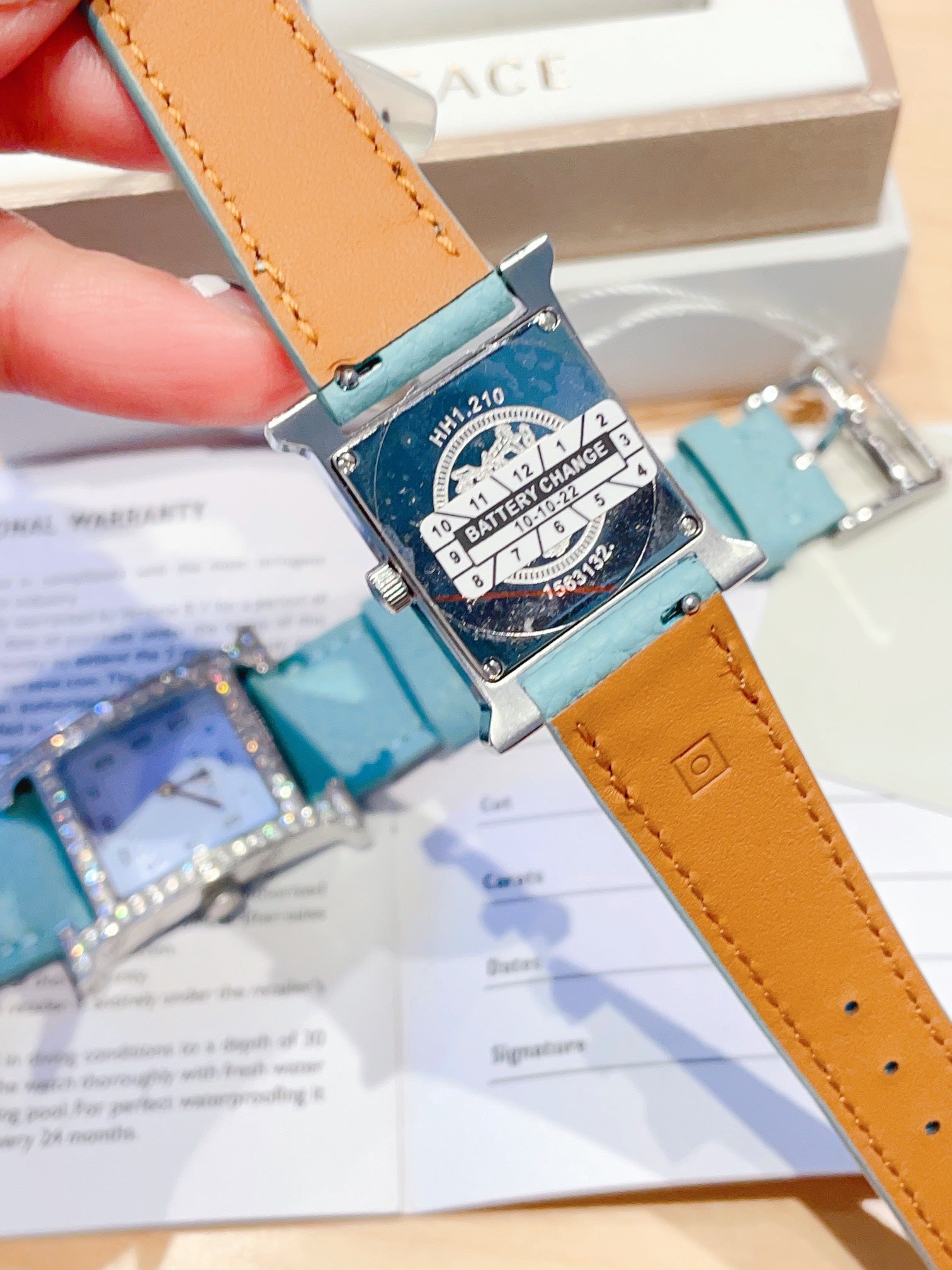 HERMES HEURE H 26 SILVER BLUE DIAL DIAMOND BEZEL EPSOM LEATHER