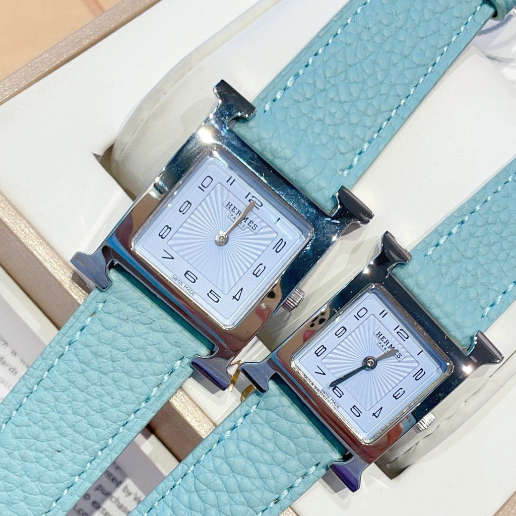 HERMES HEURE H 26 SILVER BLUE DIAL EPSOM LEATHER