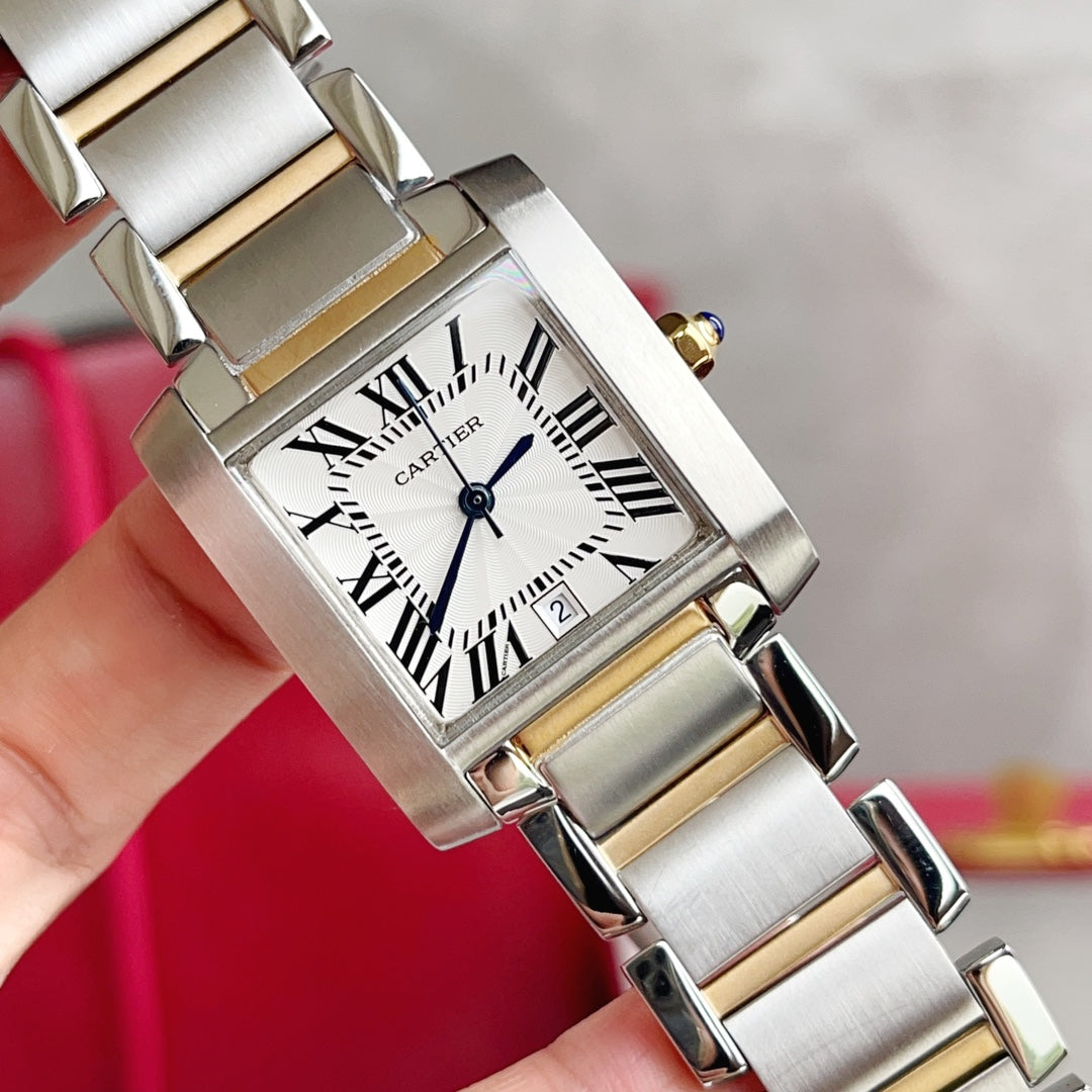 CARTIER TANK FRANCAISE 28 GOLD STEEL WHITE DIAL