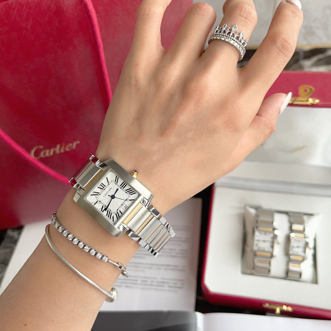 CARTIER TANK FRANCAISE 28 GOLD STEEL WHITE DIAL