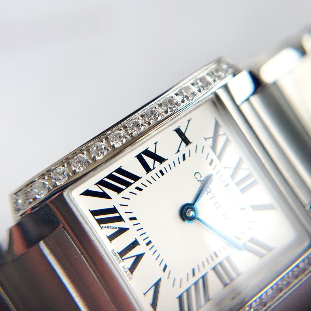 CARTIER TANK FRANCAISE 25 STEEL DIAMOND BEZEL WHITE DIAL