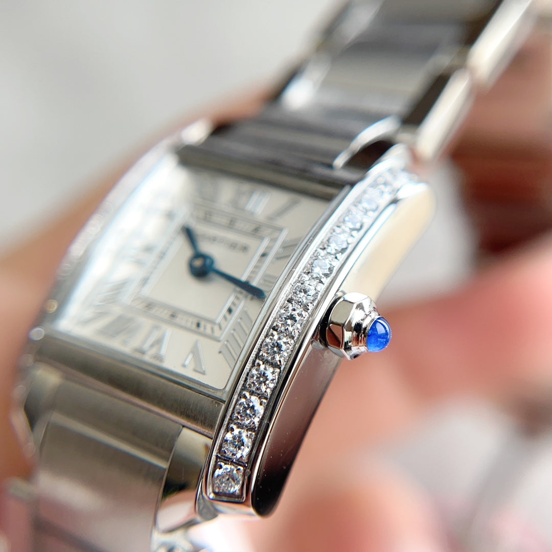 CARTIER TANK FRANCAISE 20 STEEL DIAMOND BEZEL WHITE DIAL