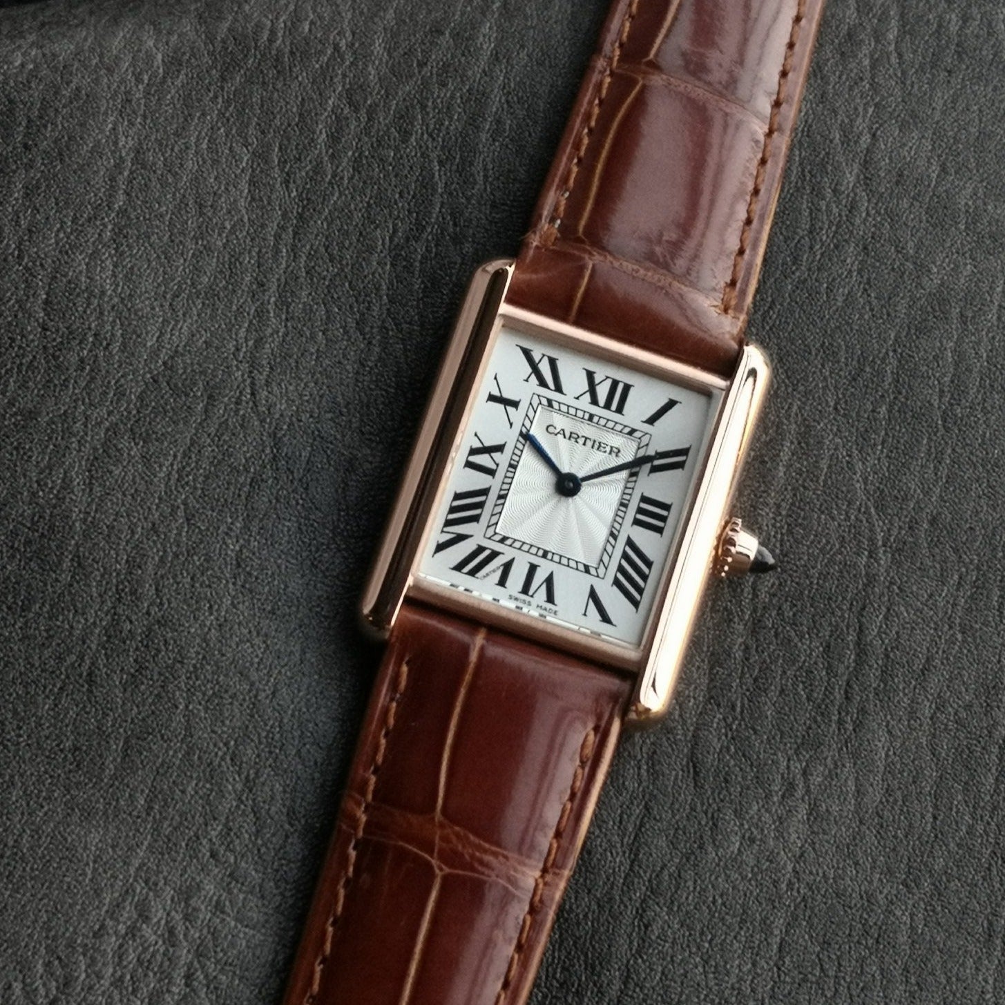 CARTIER TANK MUST PINK GOLD BURGUNDY CROCODILE