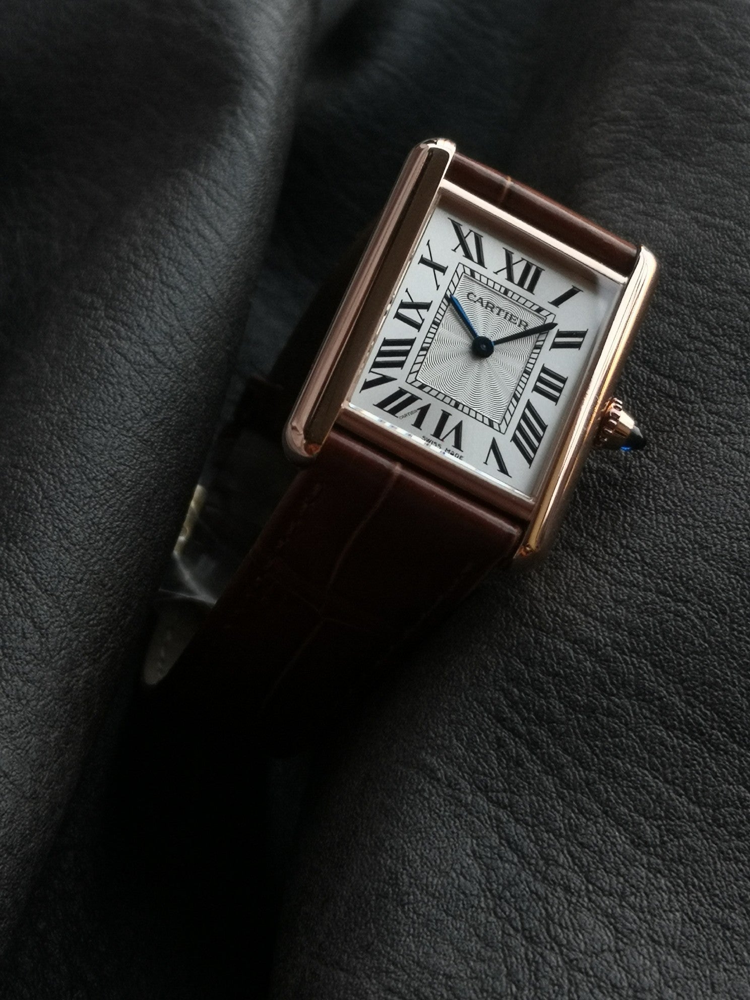 CARTIER TANK MUST PINK GOLD BURGUNDY CROCODILE