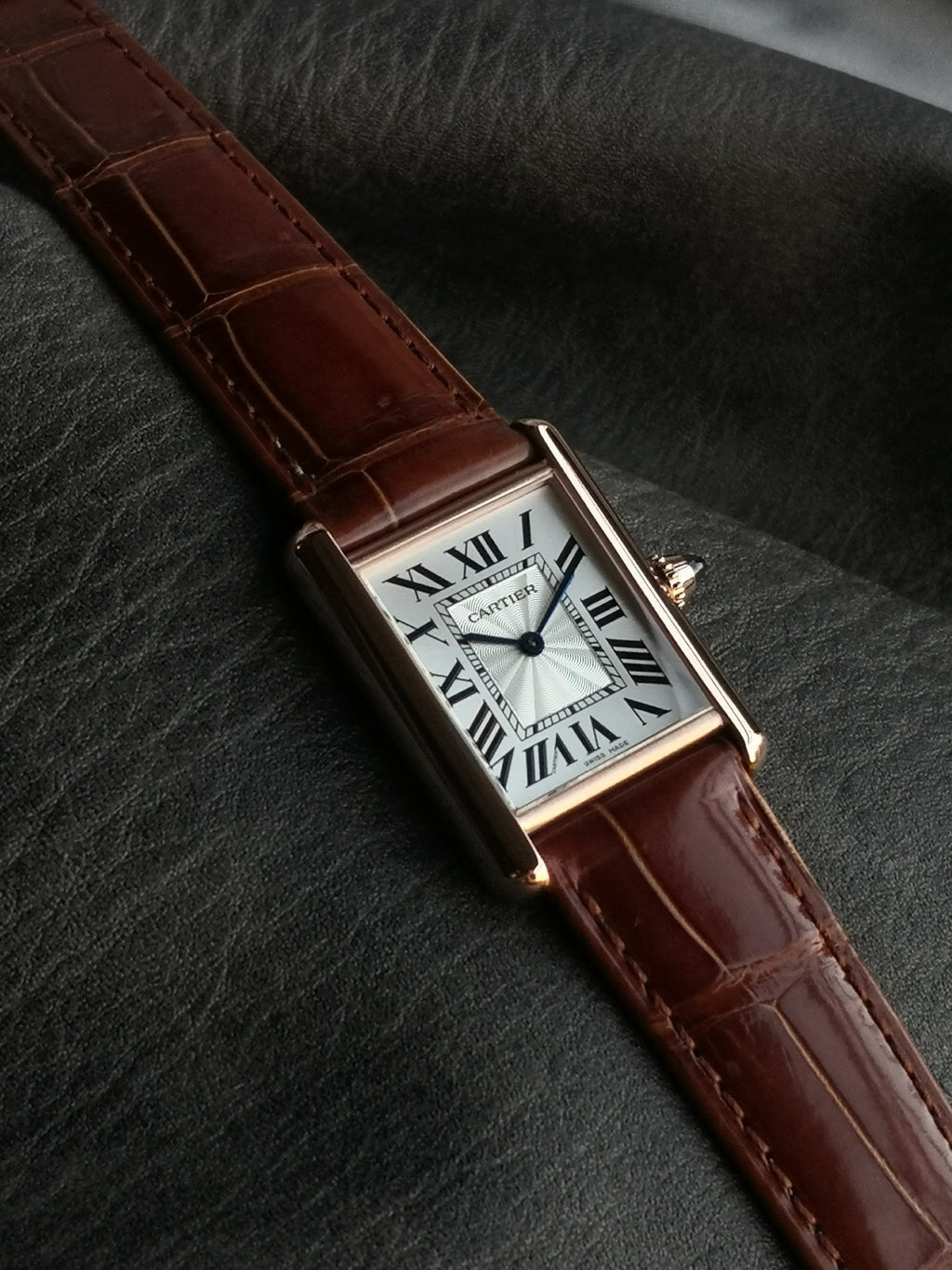 CARTIER TANK MUST PINK GOLD BURGUNDY CROCODILE