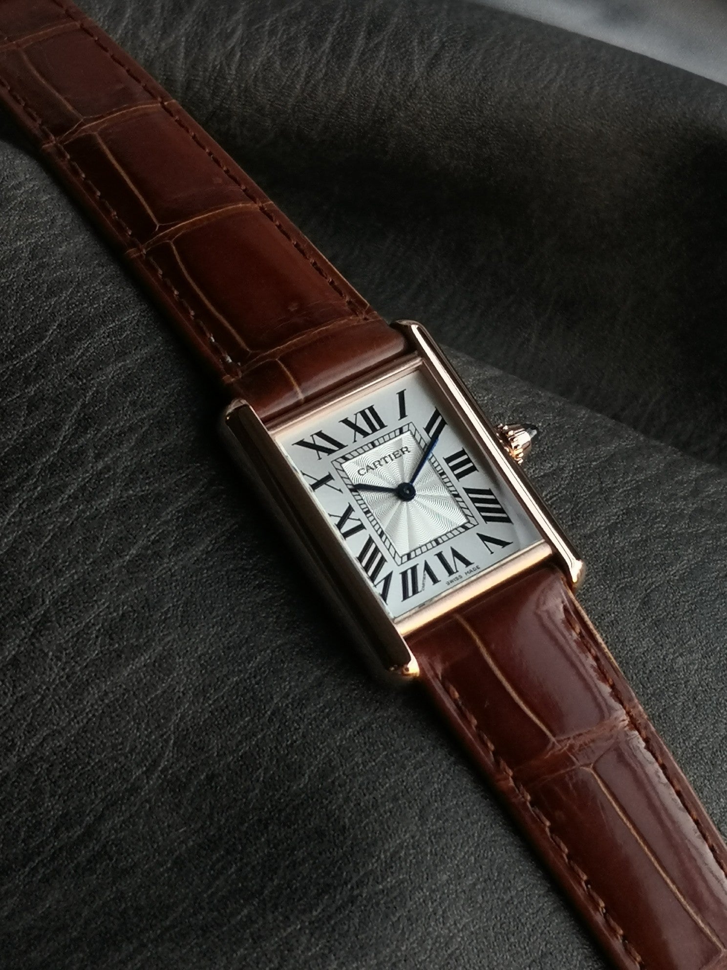 CARTIER TANK MUST PINK GOLD BURGUNDY CROCODILE