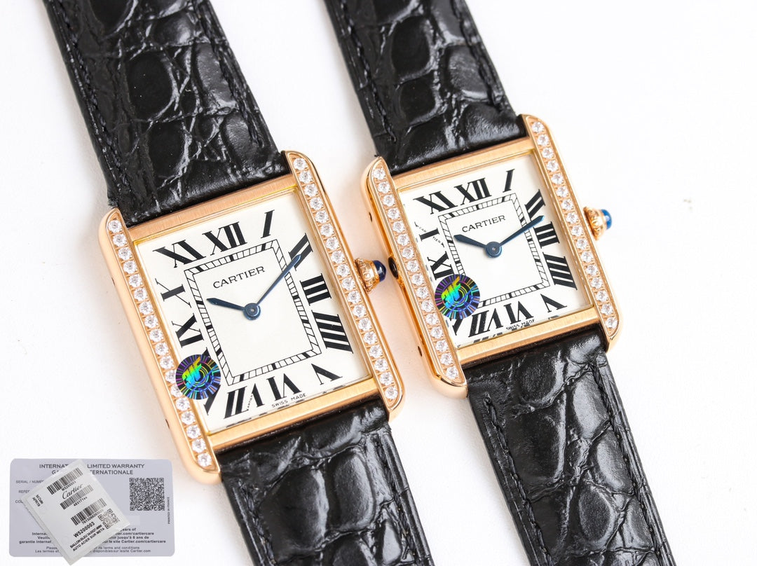 CARTIER TANK SOLO PINK GOLD DIAMOND BEZEL CROCODILE LEATHER