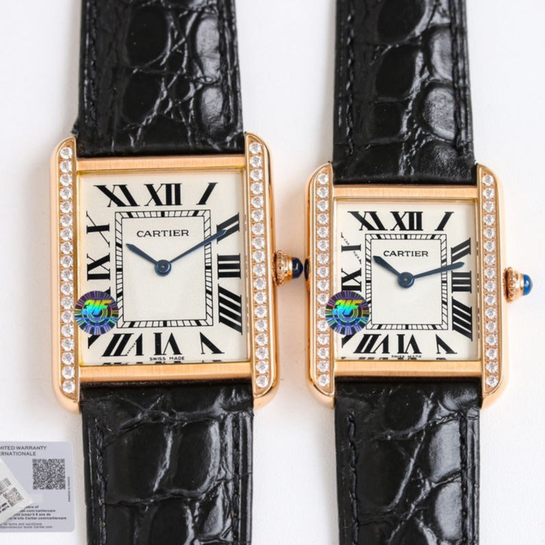 CARTIER TANK SOLO PINK GOLD DIAMOND BEZEL CROCODILE LEATHER