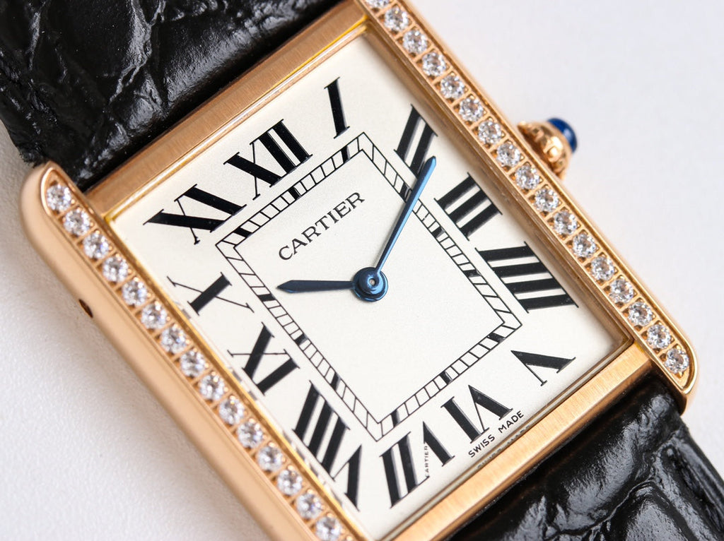 CARTIER TANK SOLO PINK GOLD DIAMOND BEZEL CROCODILE LEATHER
