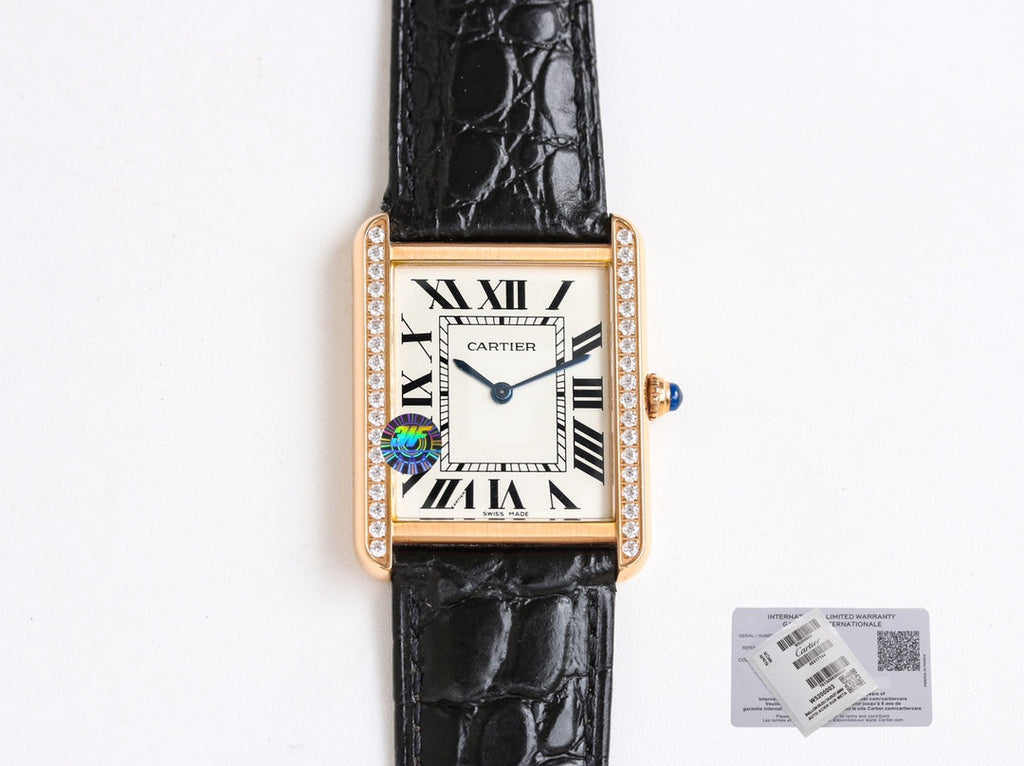 CARTIER TANK SOLO PINK GOLD DIAMOND BEZEL CROCODILE LEATHER