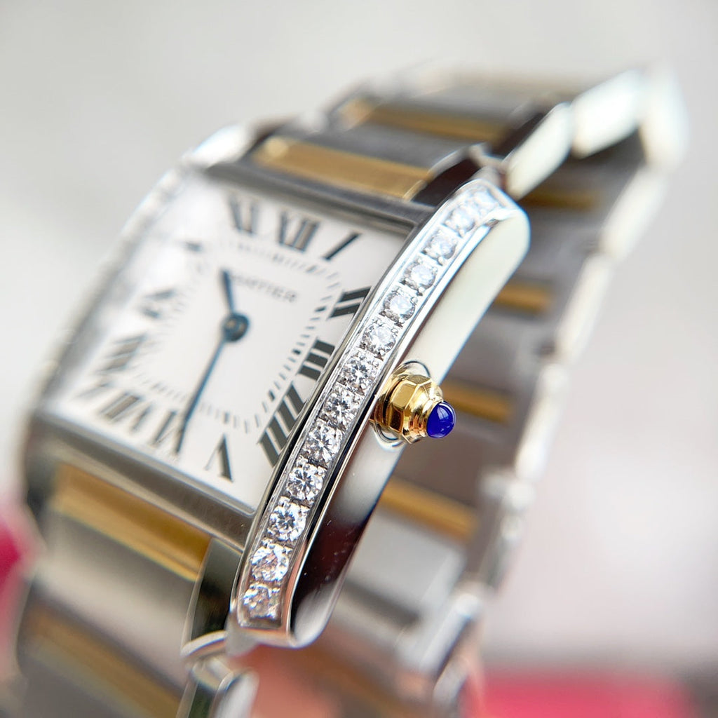 CARTIER TANK FRANCAISE GOLD STEEL DIAMOND BEZEL WHITE DIAL