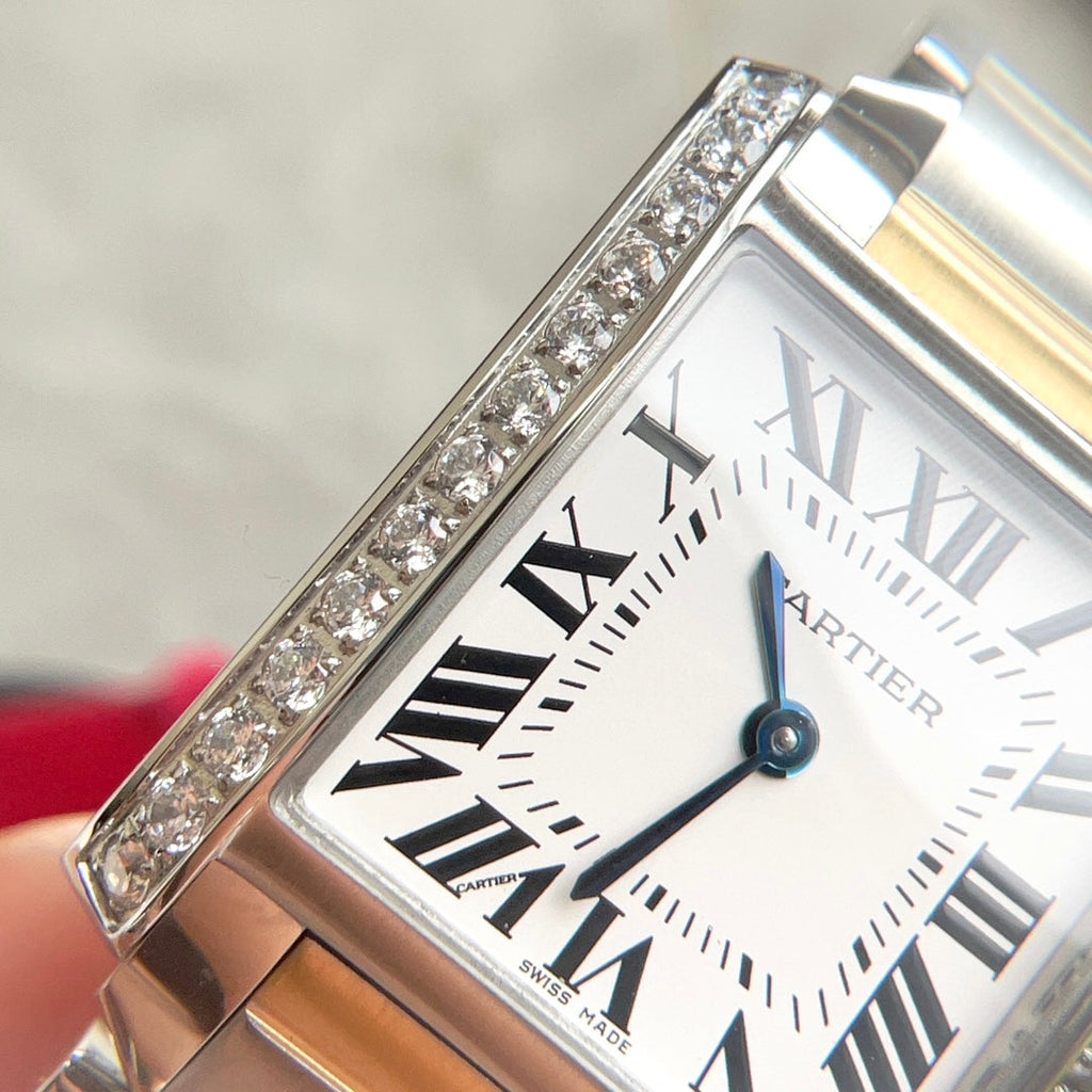 CARTIER TANK FRANCAISE GOLD STEEL DIAMOND BEZEL WHITE DIAL