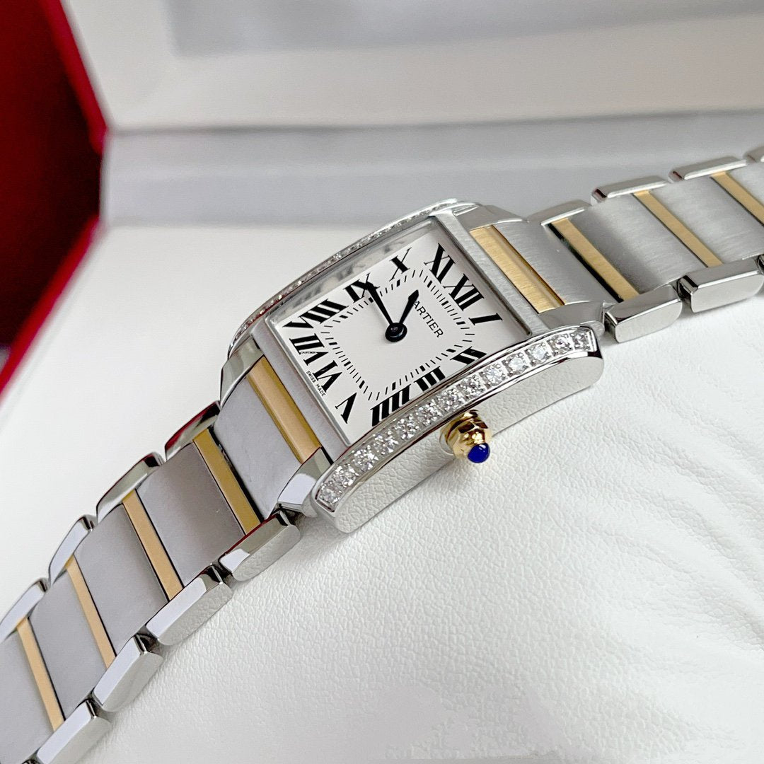CARTIER TANK FRANCAISE GOLD STEEL DIAMOND BEZEL WHITE DIAL