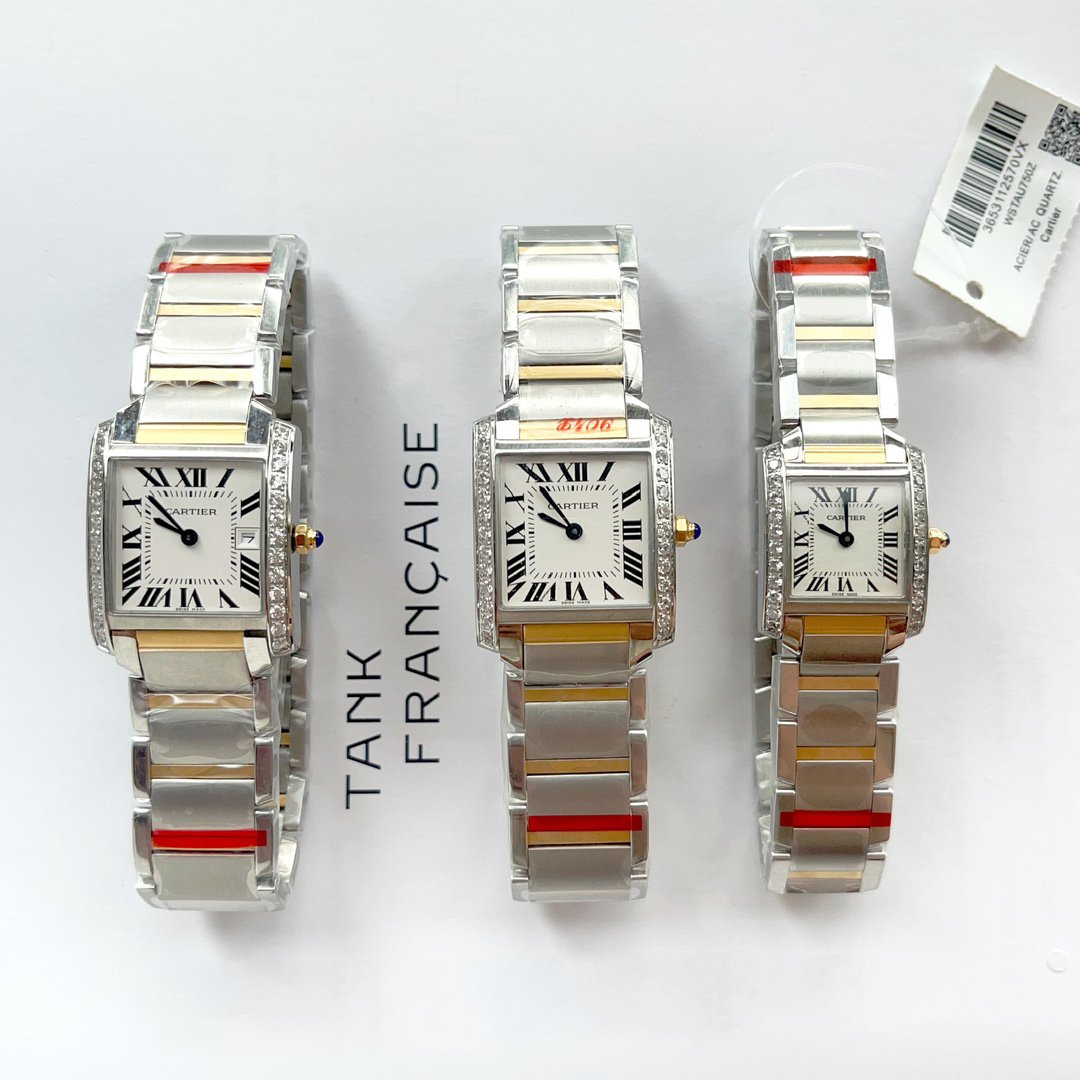 CARTIER TANK FRANCAISE GOLD STEEL DIAMOND BEZEL WHITE DIAL