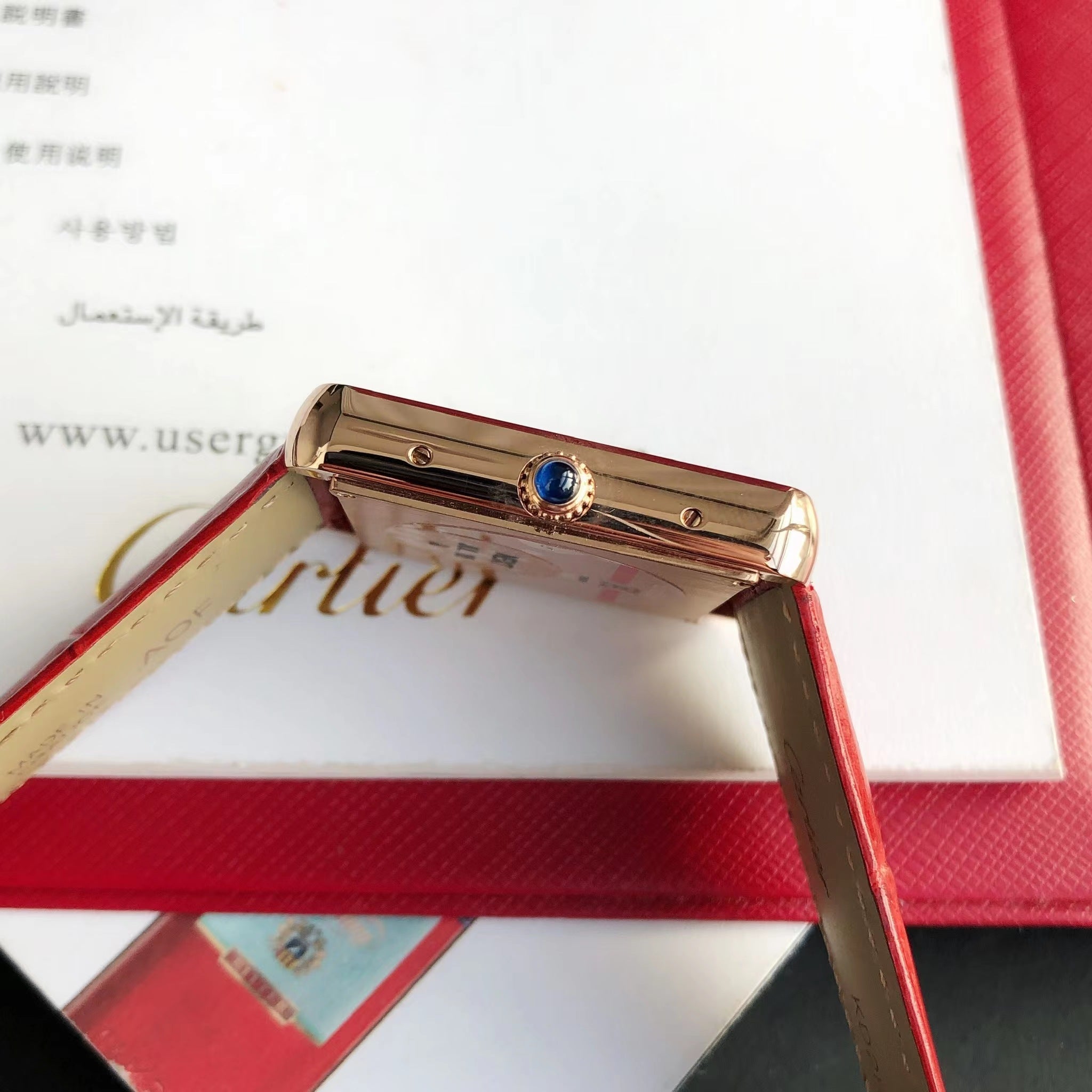 CARTIER TANK SOLO PINK GOLD DIAMOND BEZEL RED CROCODILE LEATHER