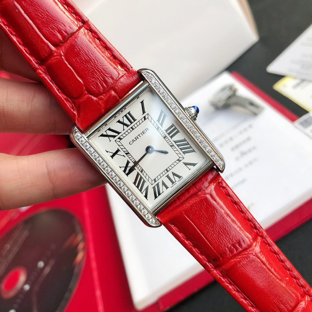 CARTIER TANK SOLO STEEL DIAMOND BEZEL RED CROCODILE LEATHER