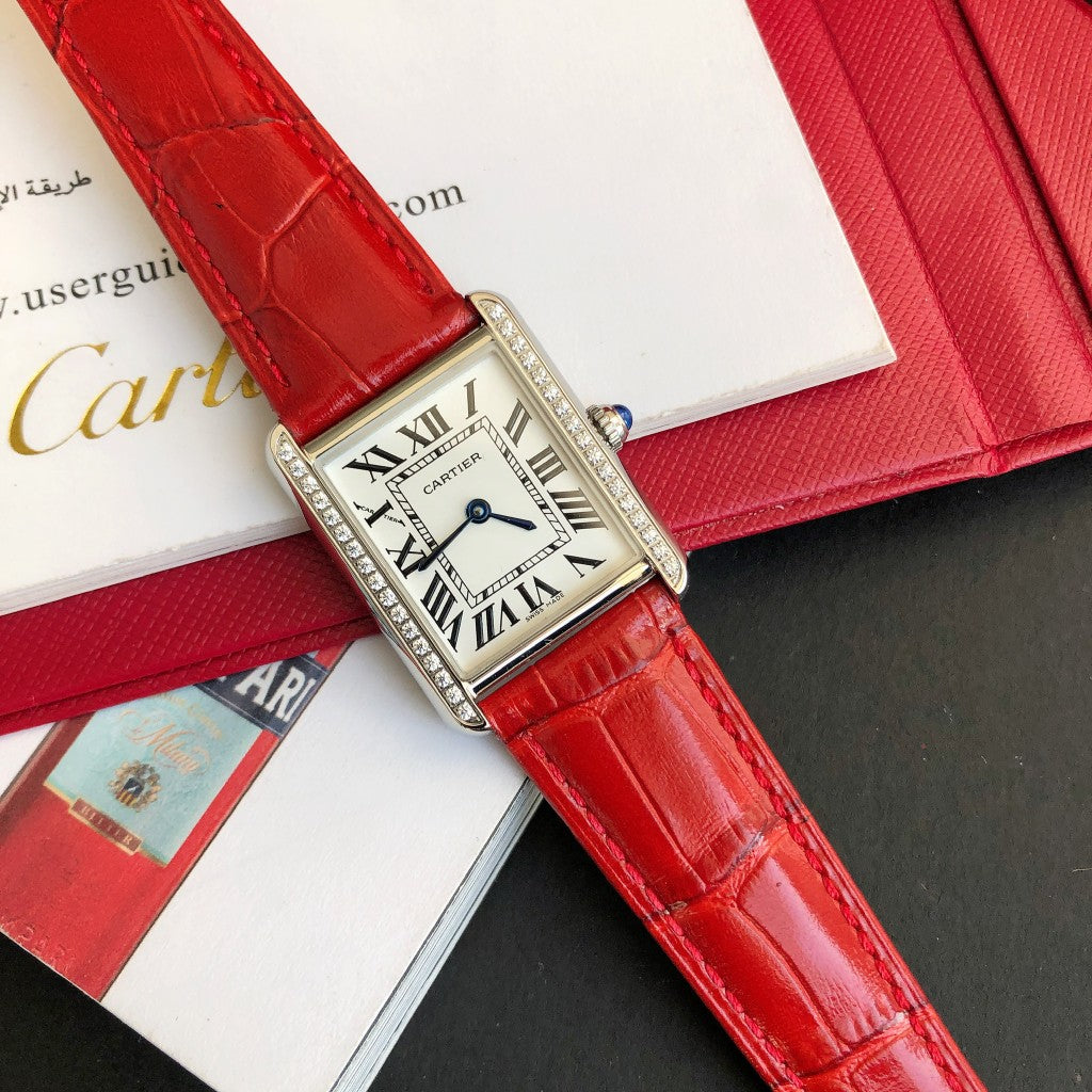 CARTIER TANK SOLO STEEL DIAMOND BEZEL RED CROCODILE LEATHER