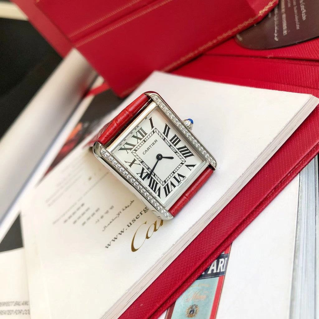 CARTIER TANK SOLO STEEL DIAMOND BEZEL RED CROCODILE LEATHER