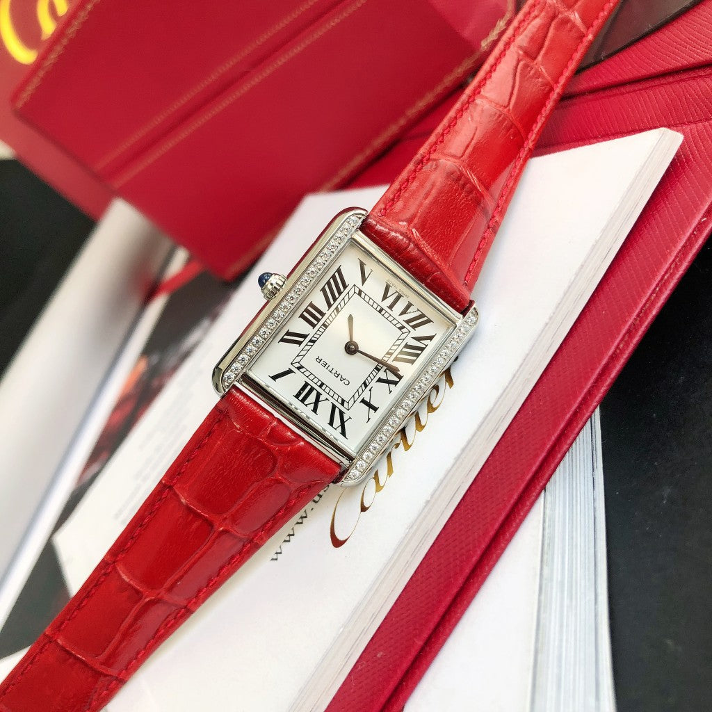 CARTIER TANK SOLO STEEL DIAMOND BEZEL RED CROCODILE LEATHER