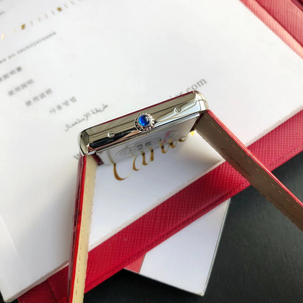 CARTIER TANK SOLO STEEL DIAMOND BEZEL RED CROCODILE LEATHER
