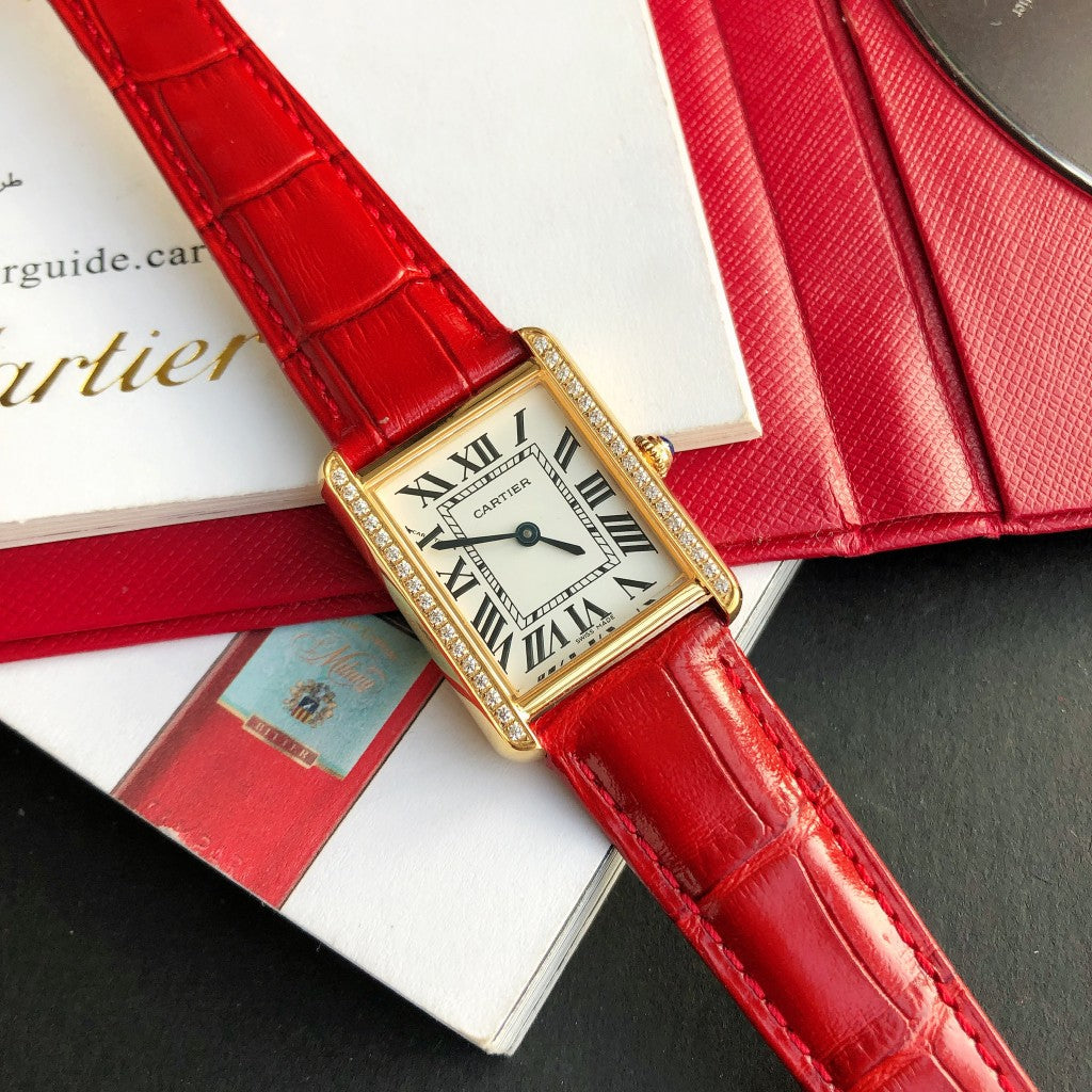 CARTIER TANK SOLO GOLD DIAMOND BEZEL RED CROCODILE LEATHER