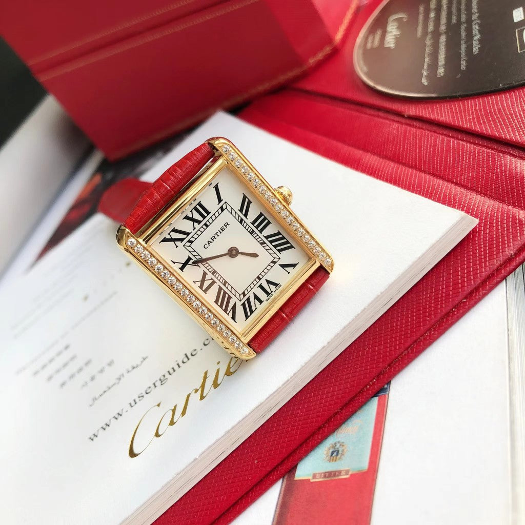 CARTIER TANK SOLO GOLD DIAMOND BEZEL RED CROCODILE LEATHER
