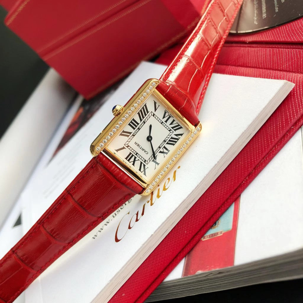 CARTIER TANK SOLO GOLD DIAMOND BEZEL RED CROCODILE LEATHER