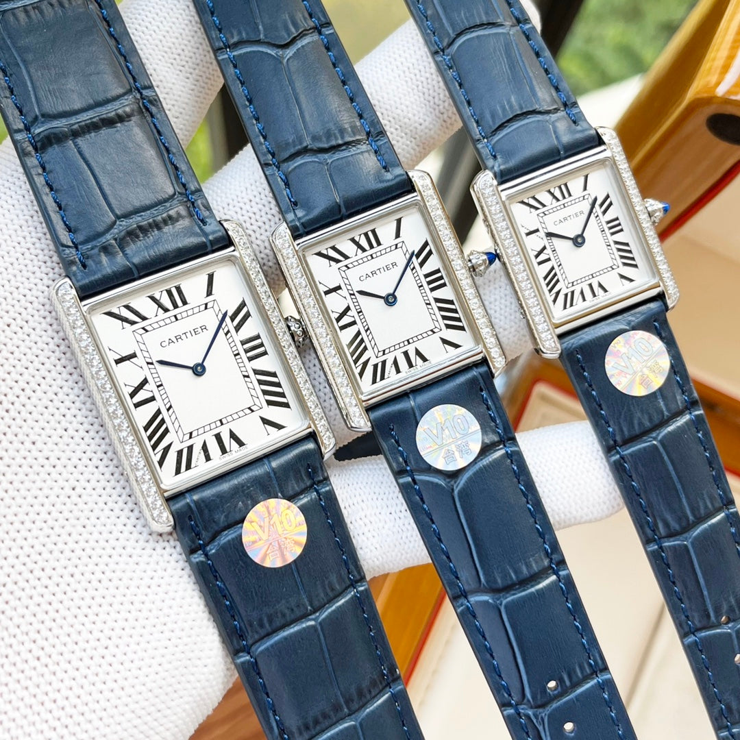 CARTIER TANK MUST SILVER CASE DIAMOND BEZEL LEATHER