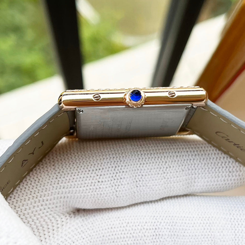CARTIER TANK MUST SILVER CASE DIAMOND BEZEL LEATHER