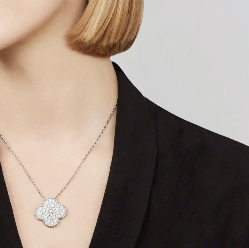 VCA CLOVER 25MM LARGE PENDANT DIAMOND PAVED SILVER NECKLACE
