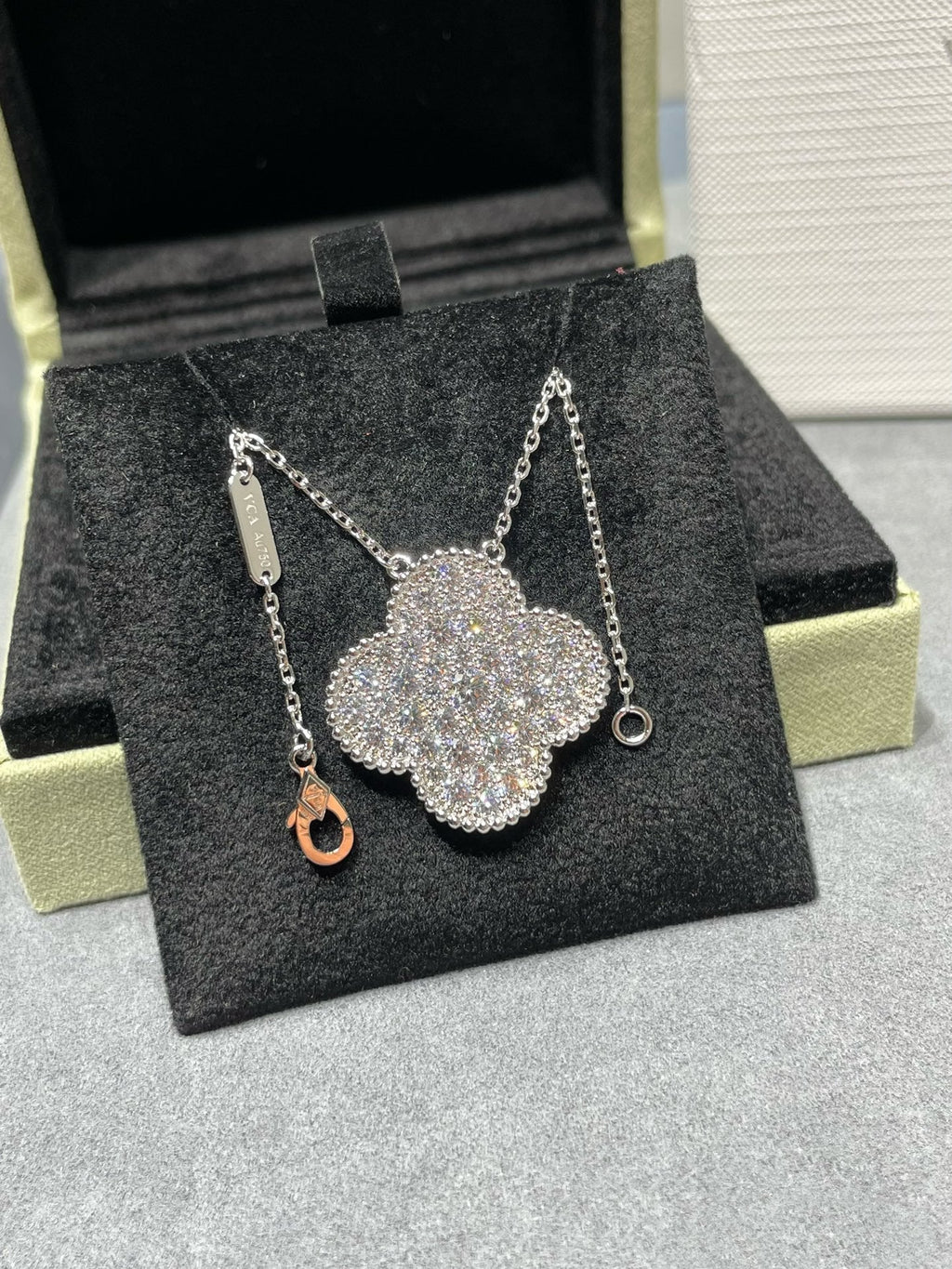 VCA CLOVER 25MM LARGE PENDANT DIAMOND PAVED SILVER NECKLACE