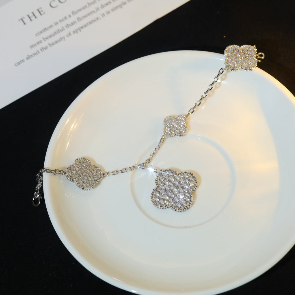 VCA CLOVER BRACELET 5 MOTIF SILVER DIAMOND PAVED