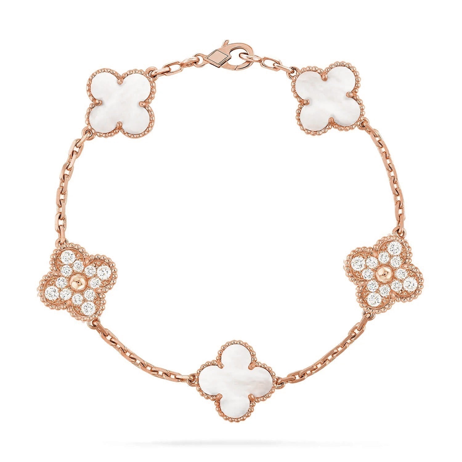 VCA CLOVER WHITE PEARL MOP 5 MOTIF BRACELET COLLECTION