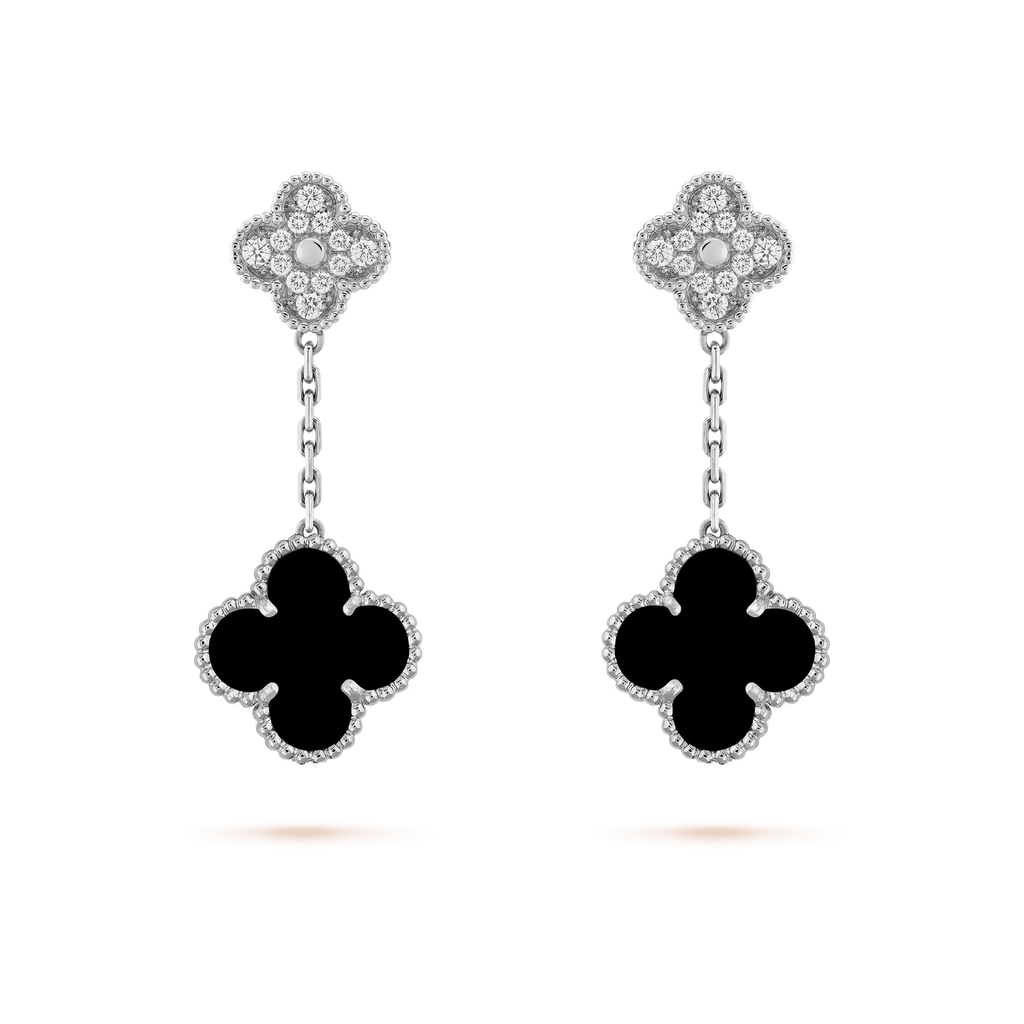 VCA CLOVER 2 MOTIFS DIAMOND ONYX EARRINGS SILVER