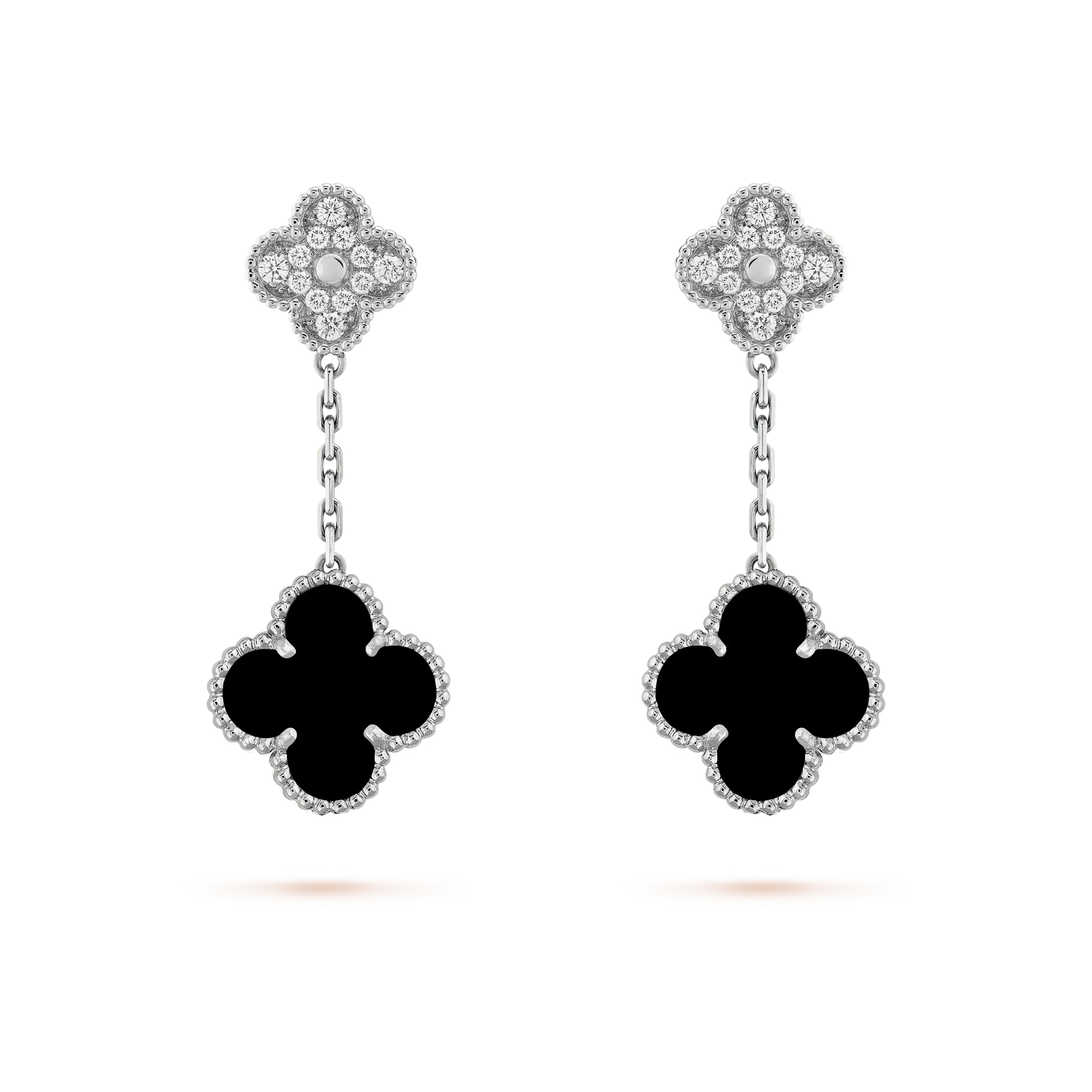 VCA CLOVER 2 MOTIFS DIAMOND ONYX EARRINGS SILVER